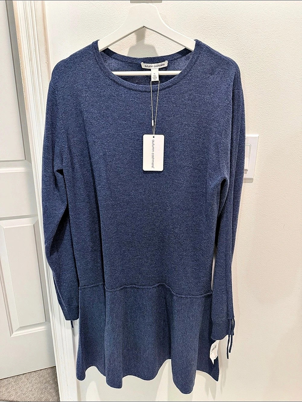Autumn Cashmere Tie-Cuff Drop Waist Cashmere Sweater Dress Blue XL